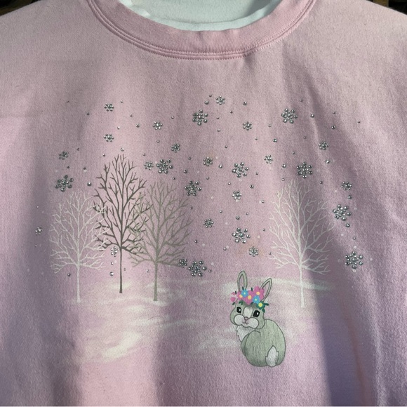 Bunny Novelty Sweatshirt Vtg 90s Pink L Embellished Bedazzled Grandmacore - Picture 14 of 16
